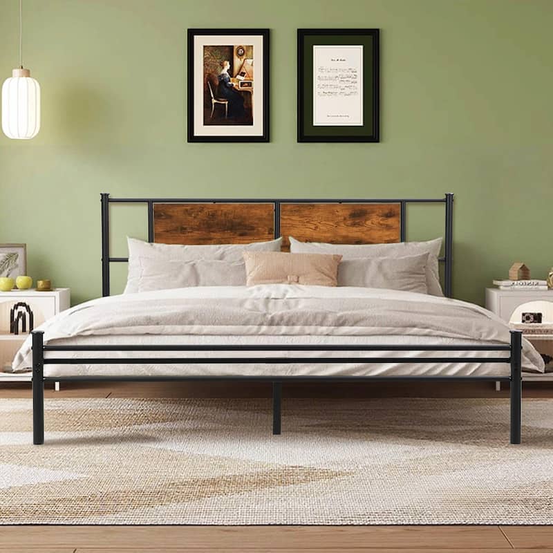 Engineered Wood Bed Frame, Natural Finish - Black+Brown - King