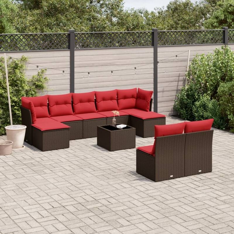 vidaXL 9/10 Piece Patio Sofa Set with Cushions Black/Brown/Gray Poly Rattan - 21.7 x 24.4 x 27.2