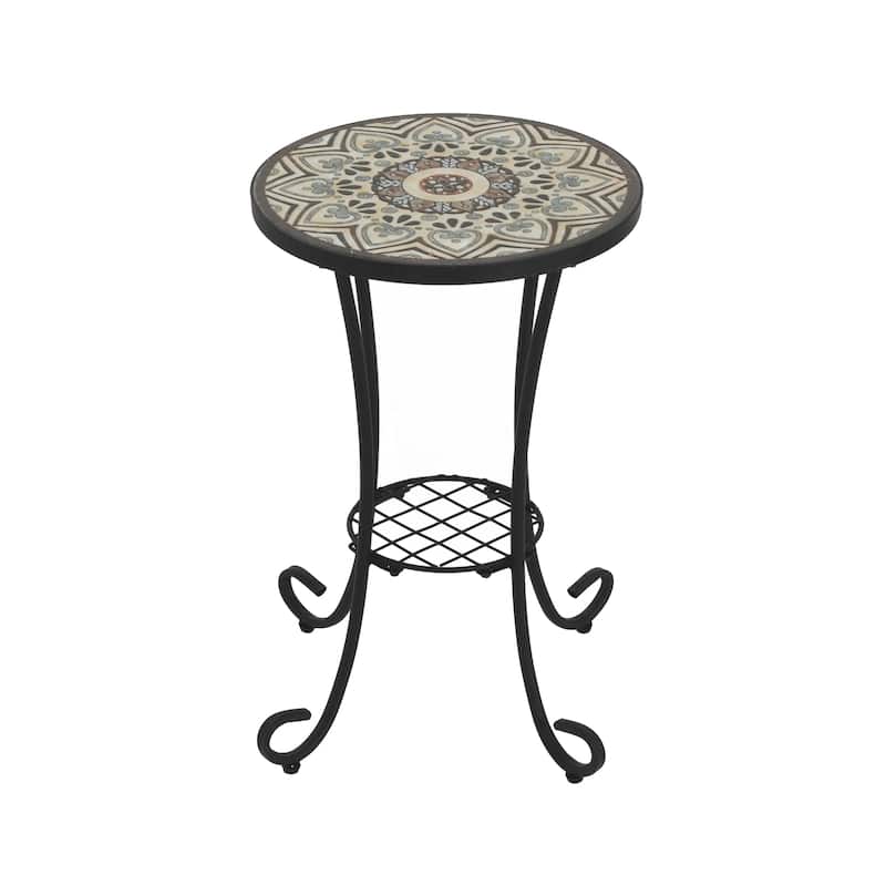 Roomfitters Outdoor Patio Side Table with Ceramic Tile Top and Lower Shelf, Floral