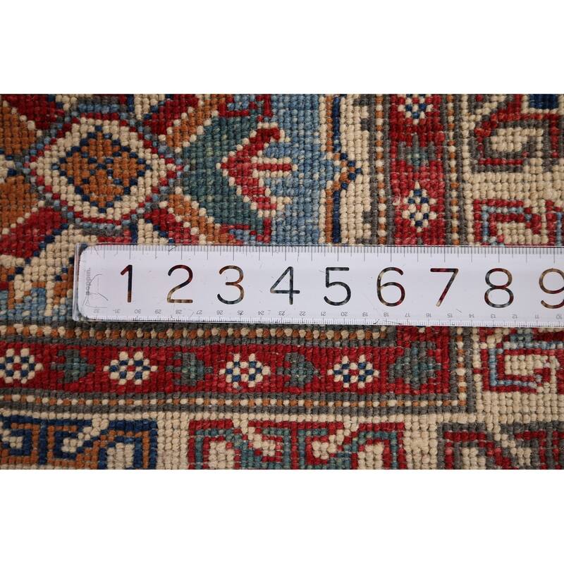 Light Blue Geometric Kazak Accent Rug Hand-Knotted Wool Carpet - 2'11" x 4'11"