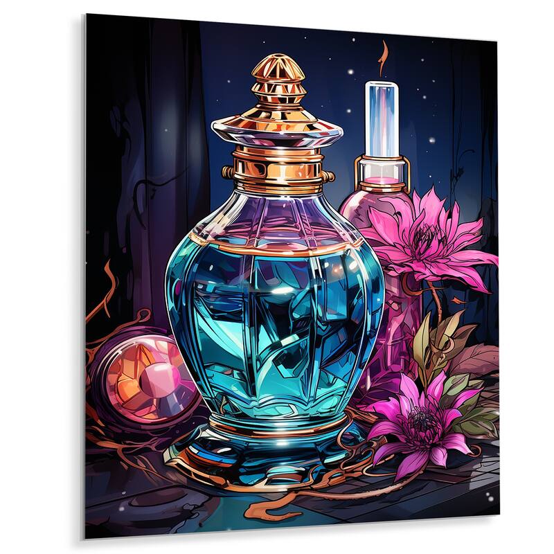 Designart "Orange Crystal Perfume Bottle II" Perfumes Metal Wall Art - Blue Metal Wall Décor Glam Metal Art Work