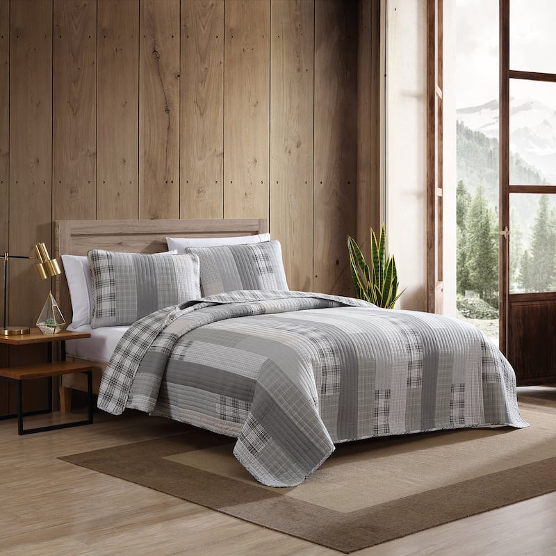 Eddie Bauer Fairview Grey Cotton Lightweight Reversible Quilt Set