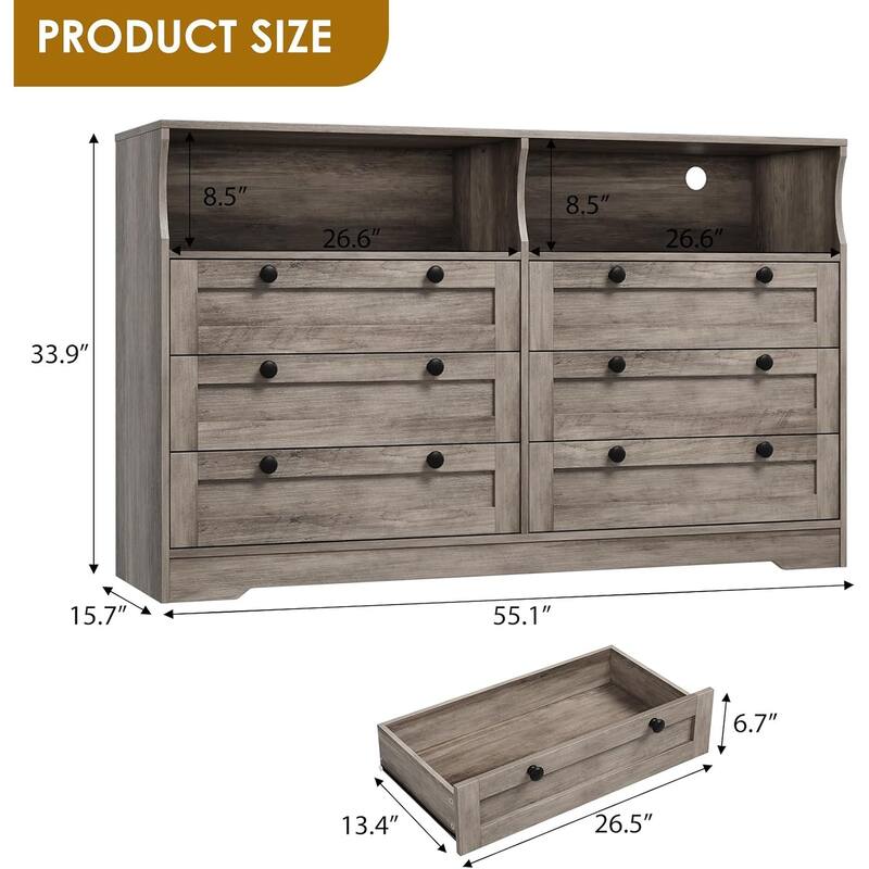 6 Drawer Dresser for Bedroom with Power Outlet and LED Light