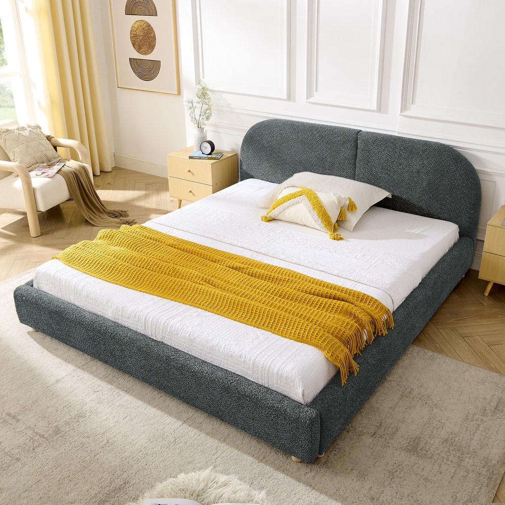 Fabric Upholstered Bed Frame Modern American Platform Bed Frame with Curved Headboard/Sturdy Legs Support/No Box Spring Needed