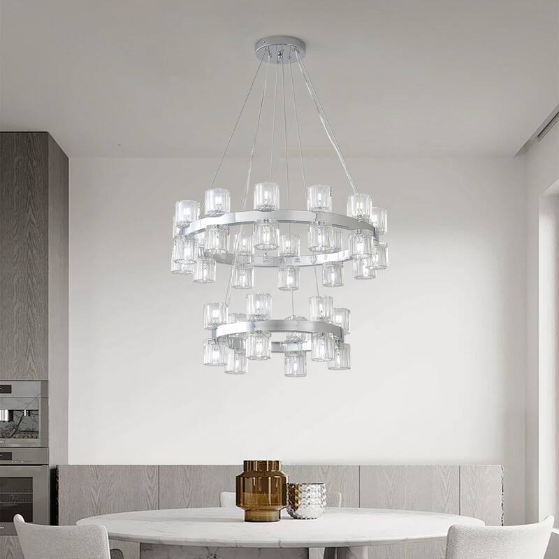 30 - Light Double - Ring Clear Crystal Chandelier - chrome