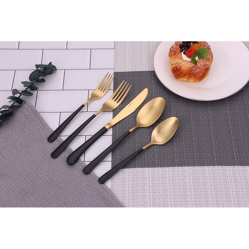20 Pc Flatware Set Matte Gold With Black Handles - Service For 4