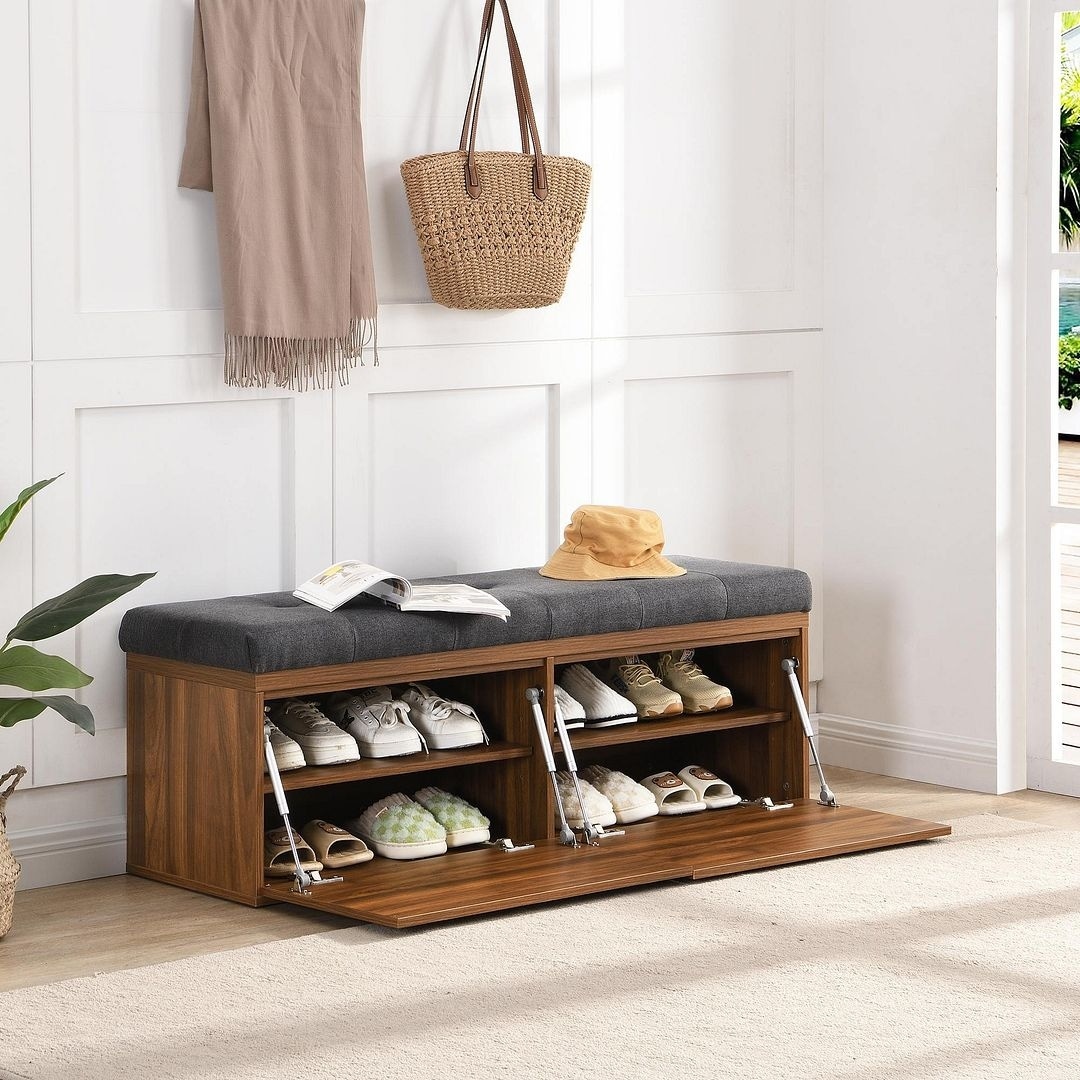Basicwise wooden shoe cubicle storage entryway bench with soft cushion for seating clearance