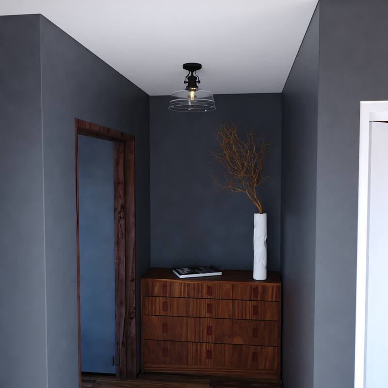 VAXCEL Beloit 1-Light 12 in. Wide Matte Black Farmhouse Dome Semi Flush Mount Lighting Fixture, Clear Seeded Glass Shade