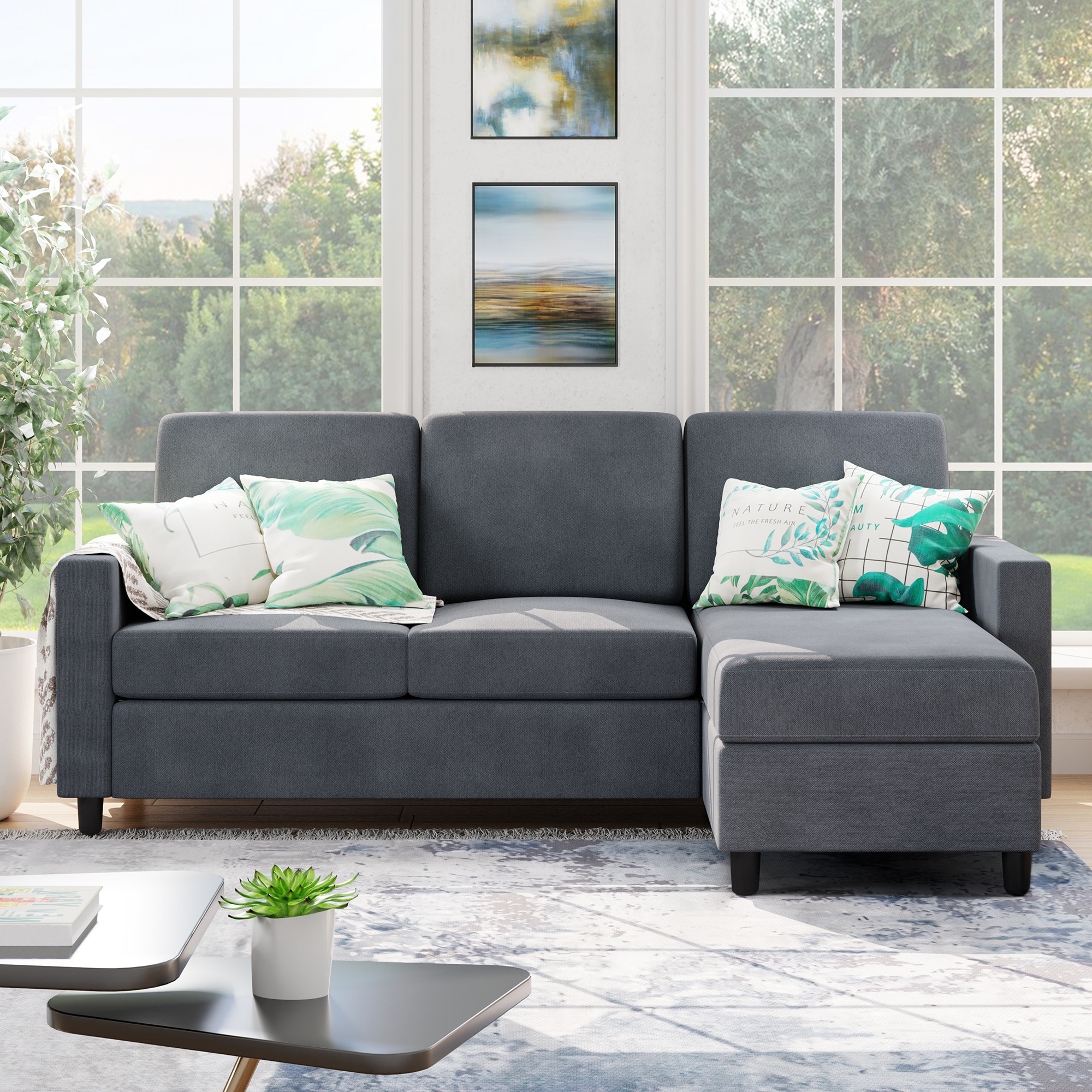 HONBAY Velvet U-Shaped Sectional Sofa Couch Set and Tufted Back Cushions  for Living Room, Dull Grey 