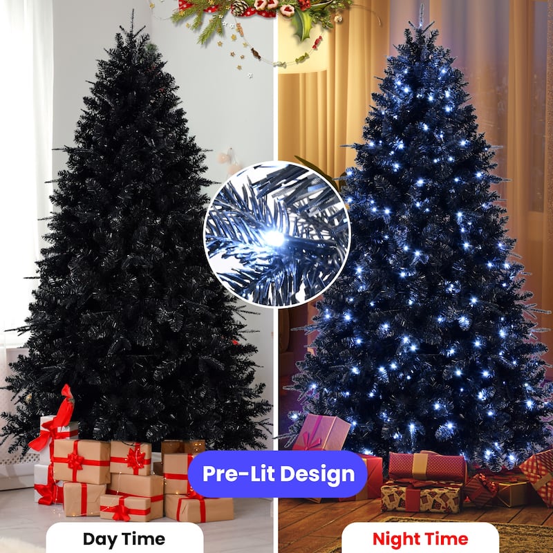 7.5ft Black Christmas Tree with 500 White LED Lights, 2156 Tips PE+PVC Artificial Tree for Halloween&Holiday Decor