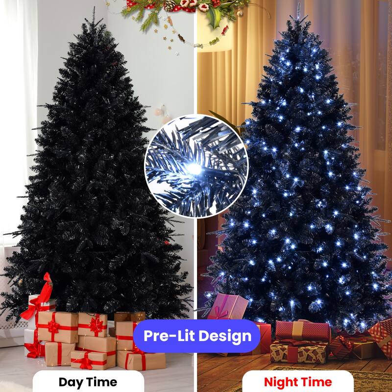 Pre-Lit Black Artificial Christmas Tree - White LED Lights, PE/PVC Branches, Hinged Structure, Metal Stand