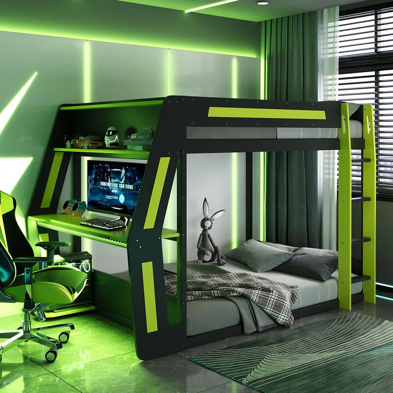 Full-Size Gaming Bunk Bed with RGB Desk, USB Charging & LED Light Strip by Harper&Bright Designs - Green