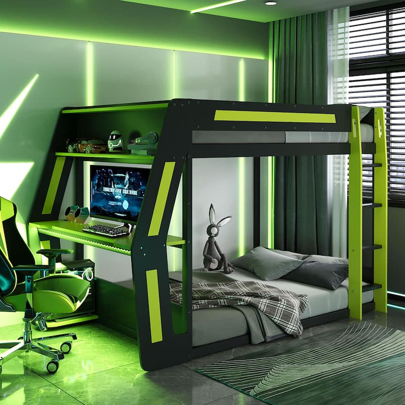 Gaming Loft Bed with Desk LED USb Shelf Full Size - Green - Full