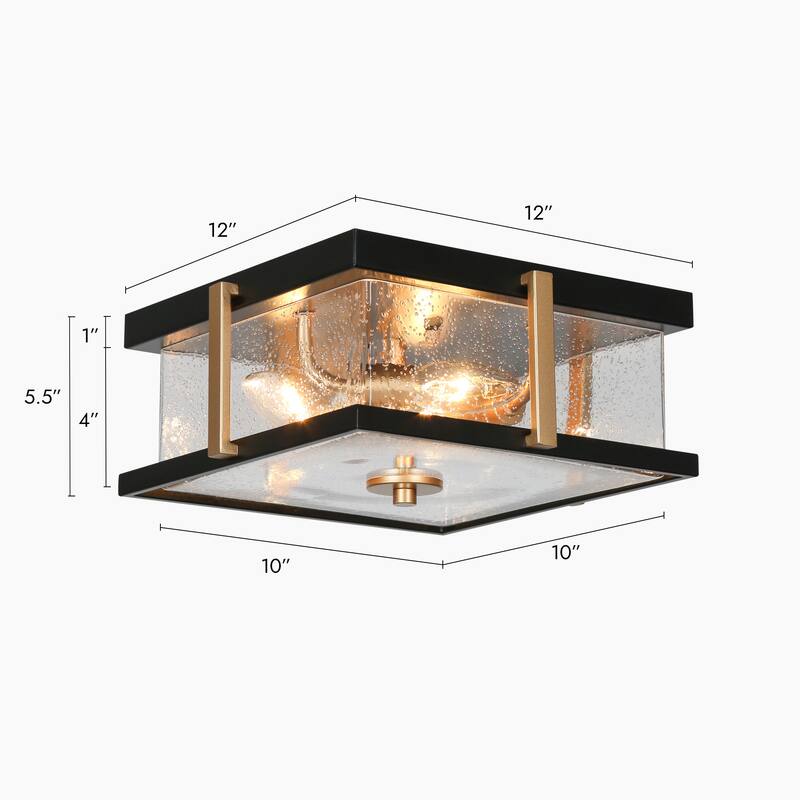 Modern 3-Light Black Gold Square Glass Flush Mount Ceiling Foyer Light - 12" L x 12" W x 5.5" H