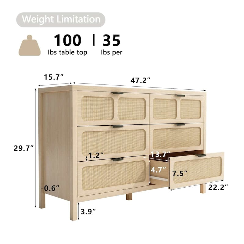 Wooden Rattan Woven 6-Drawer Storage Dresser Cabinet