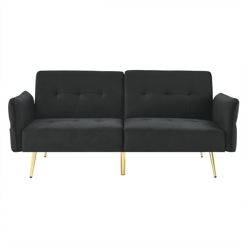 Velvet Futon Sofa Bed with Folded Armrests