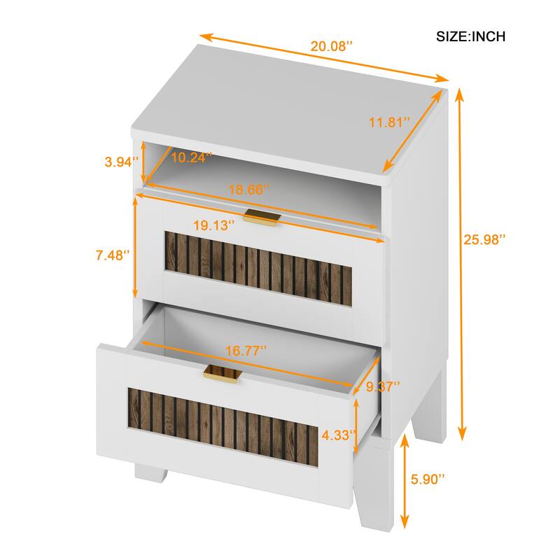 Farmhouse Wooden Nightstand with Wooden Strip Stickers Decoration and Metal Handle, Wood Side Table with Storage Cabinet