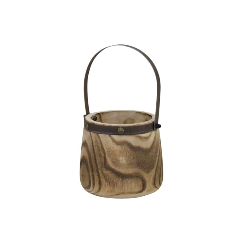 HomeRoots Set of Two Natural Wood And Steel Bucket Pot Planters - 9.00 in. x 14.00 in. x 9.00 in.