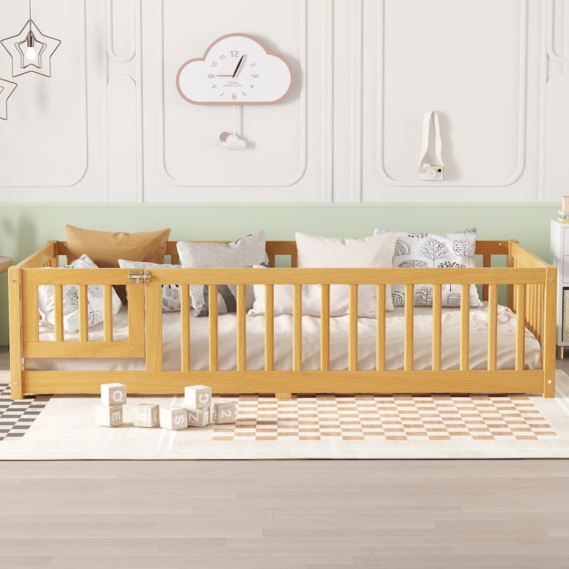 Montessori Toddler Floor Bed with Fence and Switchable Door, Low Profile Bed Frame with Removable Slats, Safe Transition Bed