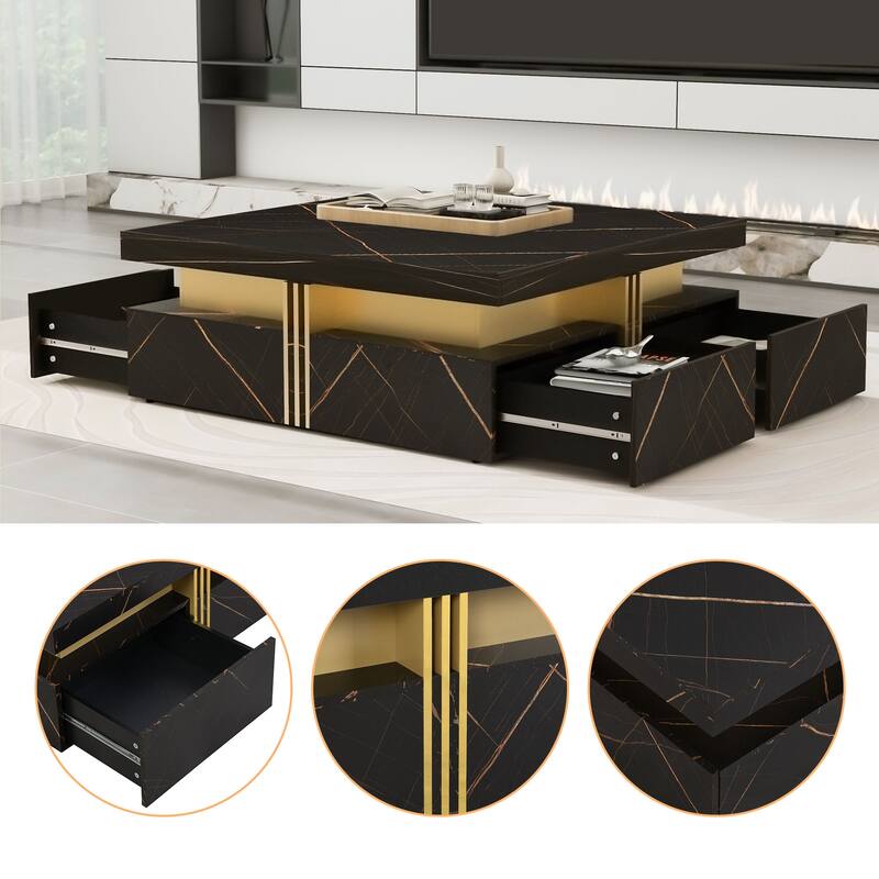 Roomfitters Modern Square Coffee Table, 4 Hidden Storage Compartments with Gold Accents, Contemporary Living Room Center Table