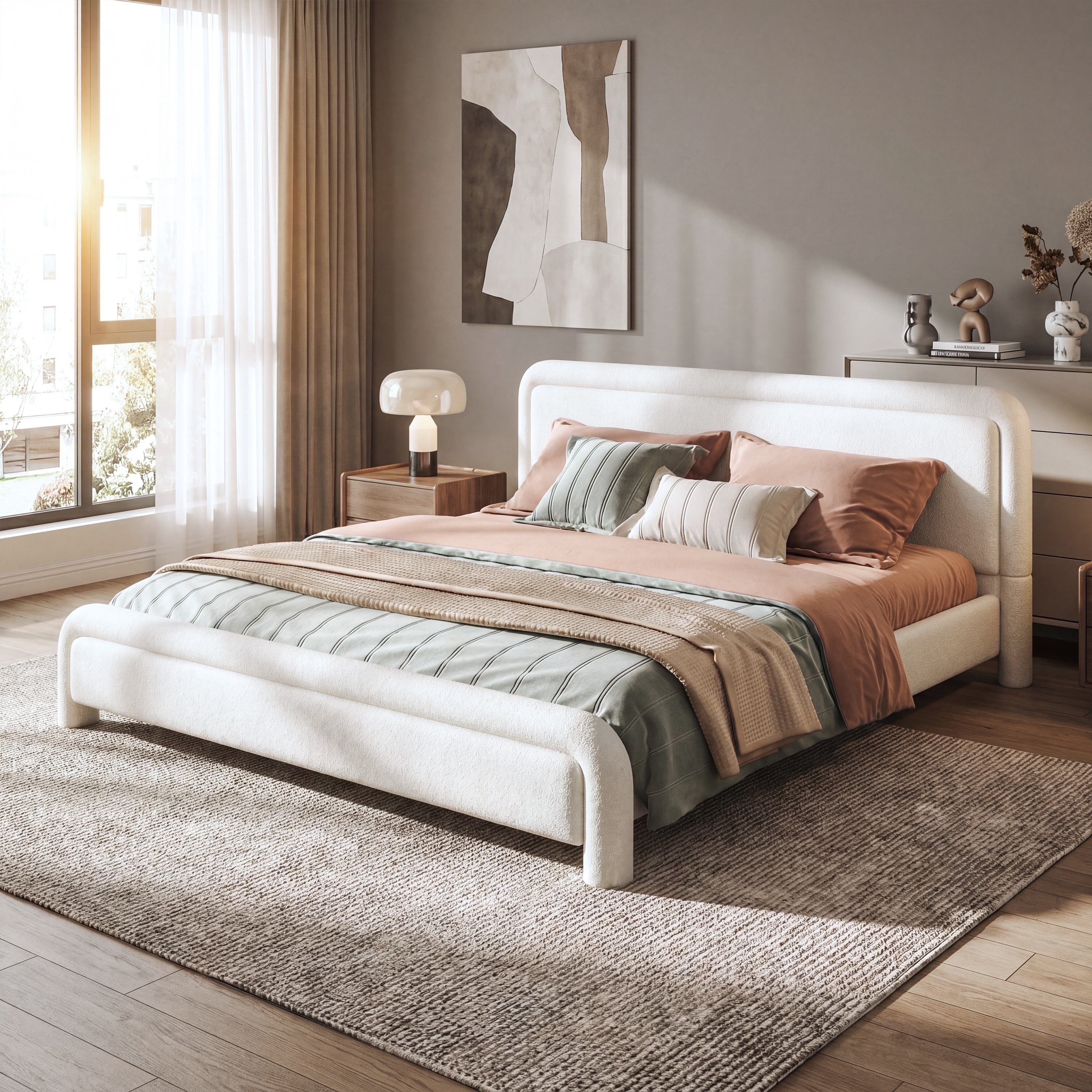 King Upholstered Platform Bed Frame with Headboard & Slats Support