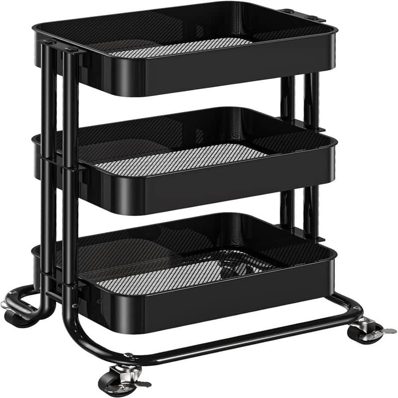 3 Tier Metal Rolling Utility Cart - 13.58"D x 16.77"W x 29.33"H - Black