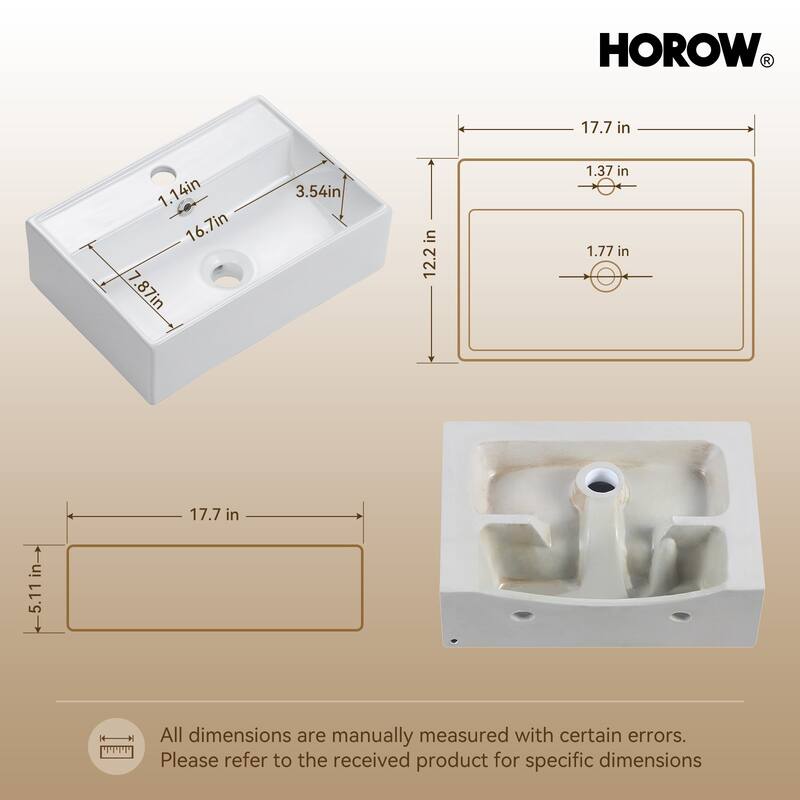HOROW Rectangular Wall-Mount Install or On Countertop Bathroom Sink 17.72 in. with Single Faucet Hole in White