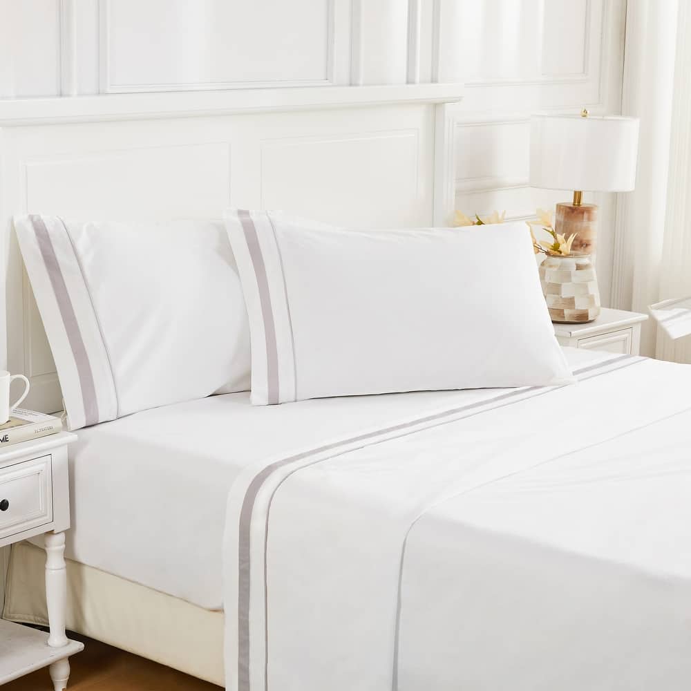 Percale Cotton Hotel Piping Embroidered Crisp Sheet Set