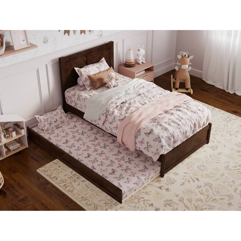 Twin Bed with Trundle, Panel Footboard, Hardwood Frame - Walnut Finish