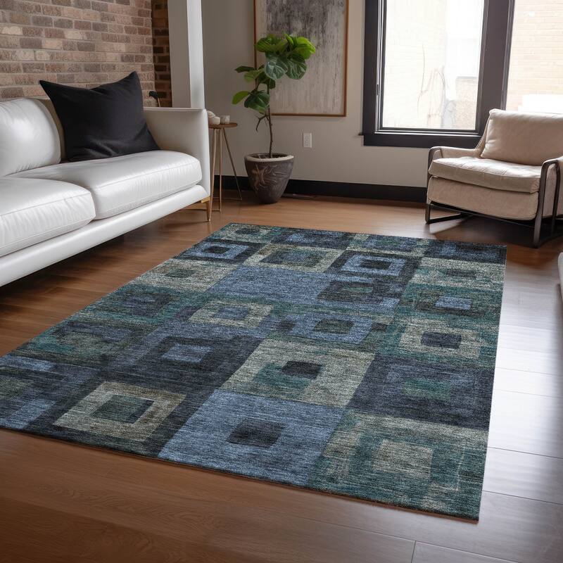 Machine Washable Indoor/ Outdoor Contemporary Blocks Chantille Rug - Blue - 2'6" x 3'10"
