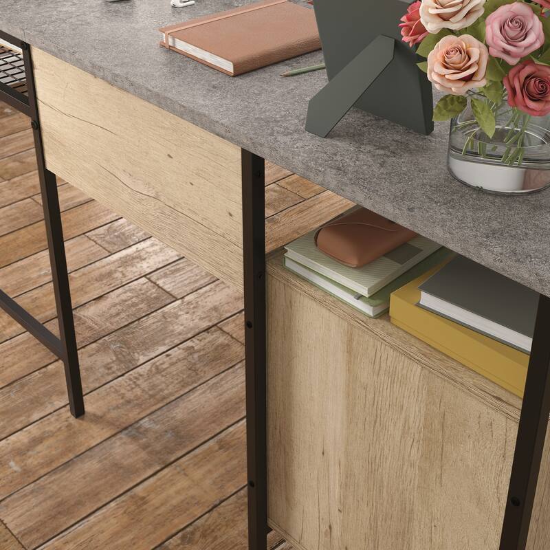 Wood L-Shaped Desk with File Drawer, Brown