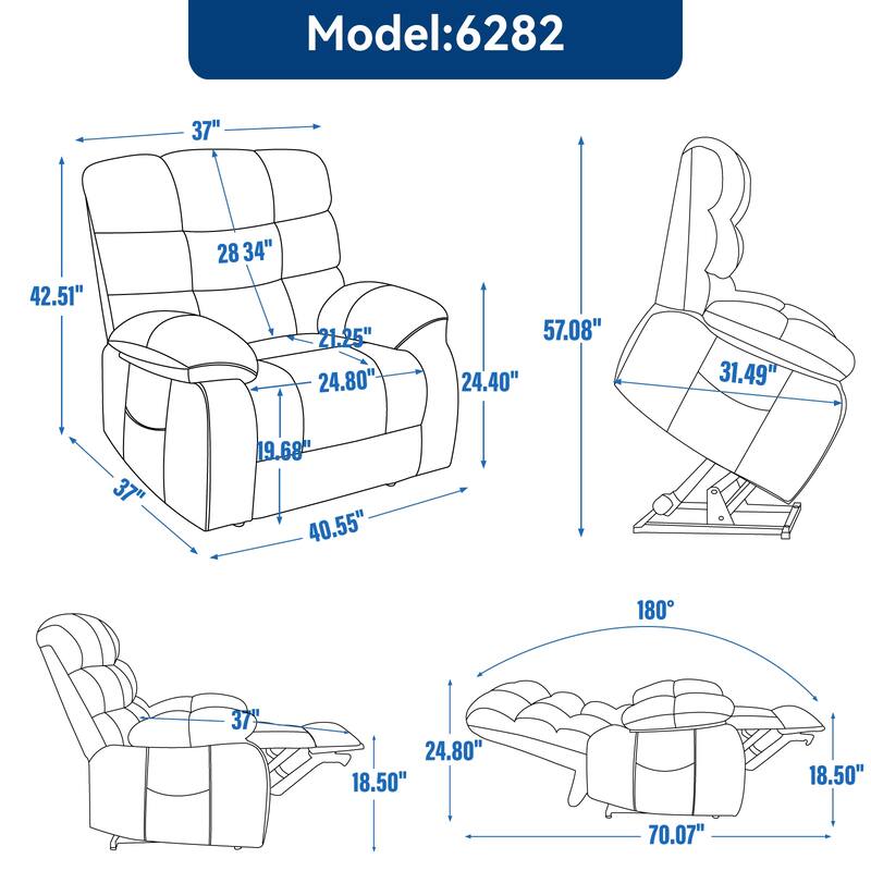 Chenille Power Lift Recliner Chair for Big and Tall with Massage, Heat, Dual Motors, and 180° Recline