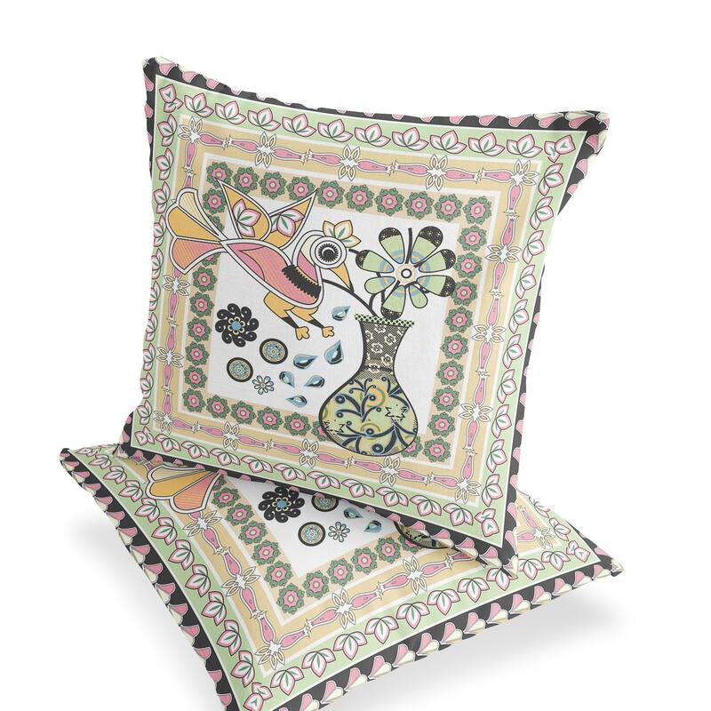 HomeRoots Set of Two 16" X 16" Green and White Peacock Blown Seam Floral Indoor Outdoor Throw Pillow - 16.00' X '16.00' X '5.00