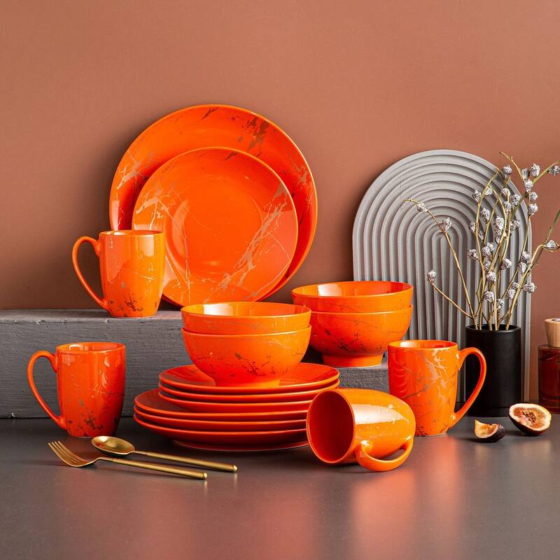 LOVECASA 16-Piece Porcelain Color Glaze with Gold Dinnerware Set
