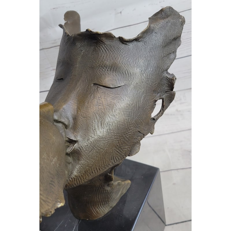 Lovers Romanic Kissing Faces Abstract Surrealist Bronze Sculpture Statue Salvador Dali On Marble Base