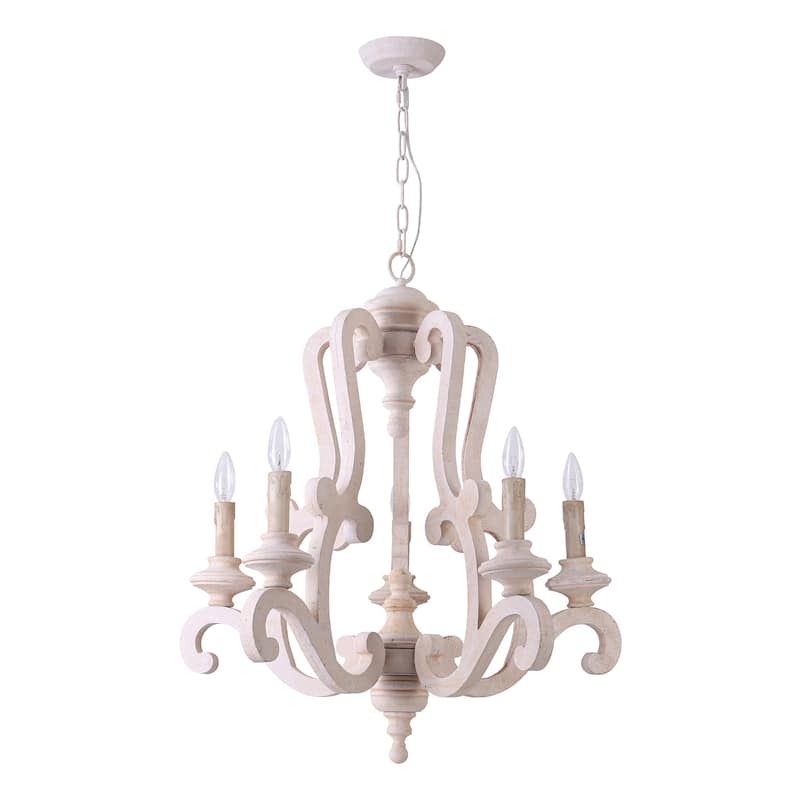 5-Light White Wood Vintage European Style Chandelier French Country Adjustable Pendant Lighting - N/A