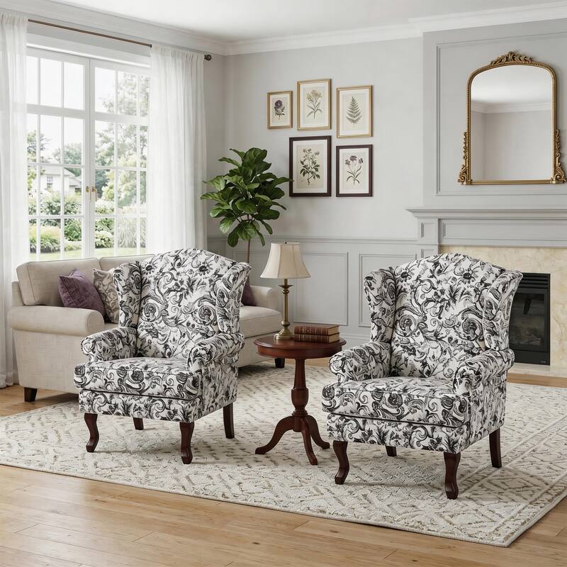 2 Set Traditional Rolled Arm Wing Back Accent Chair - Rcoco Black-Chenille