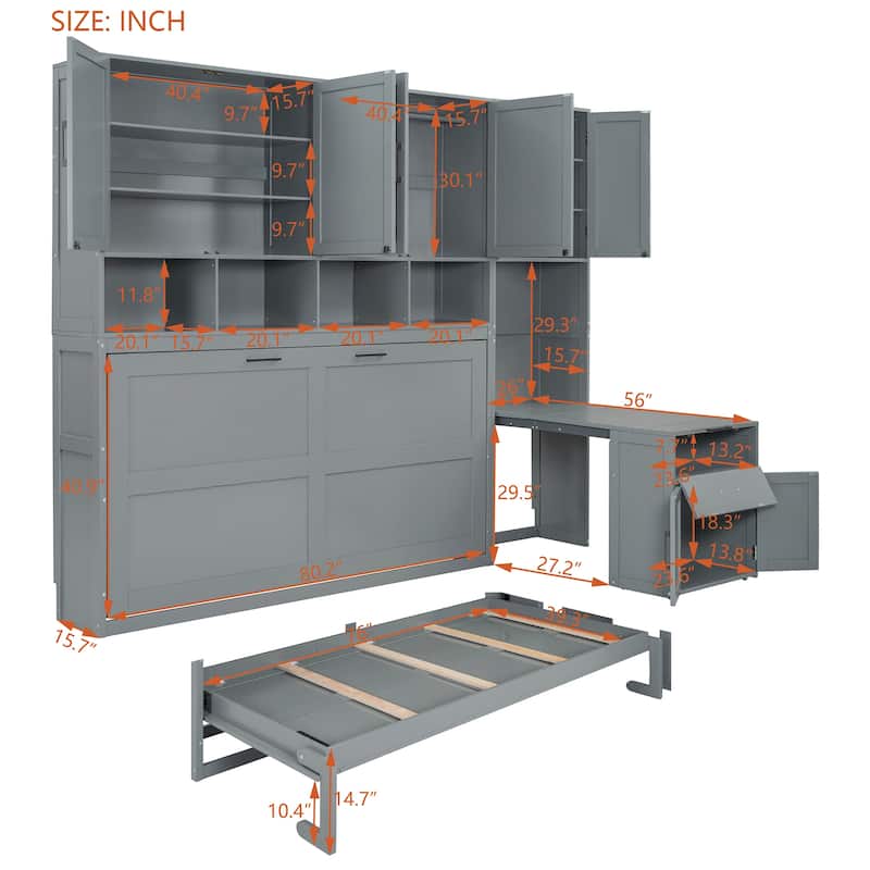 Space-Saving Twin Murphy Bed with Integrated Closet, Drawers & Desk in Gray