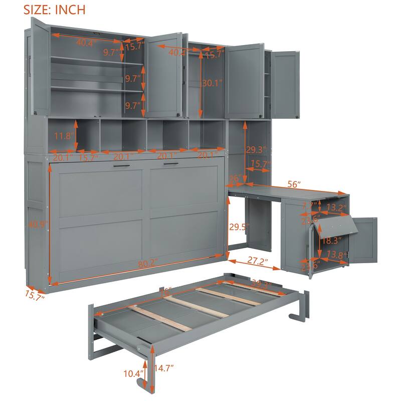 Twin Size Wall-Mounted Murphy Bed with Built-In Closet, Storage Drawers, and Desk - Multifunctional Design