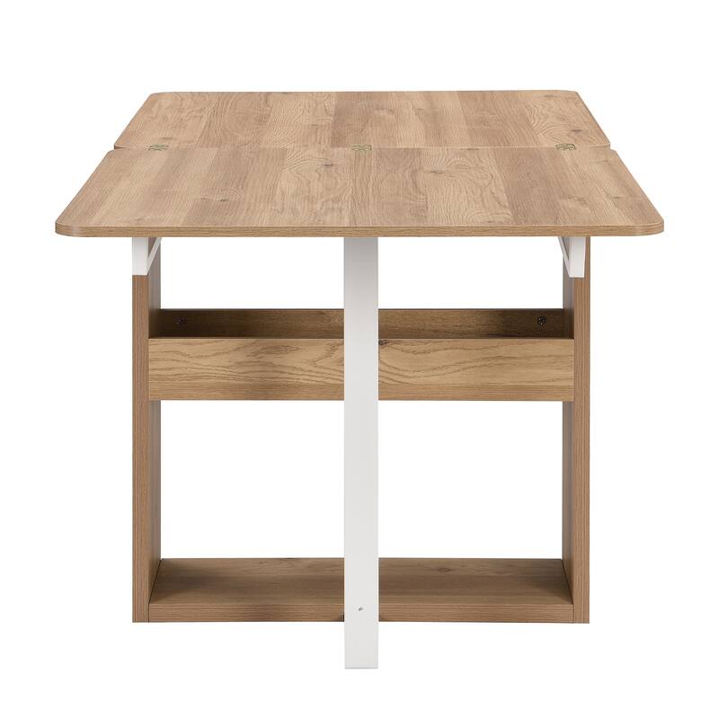 Modern 5-Piece Extendable Dining Table Set, 63" Kitchen Foldable Wooden Table with Lower Storage Shelf and 4 PU Leather Chairs