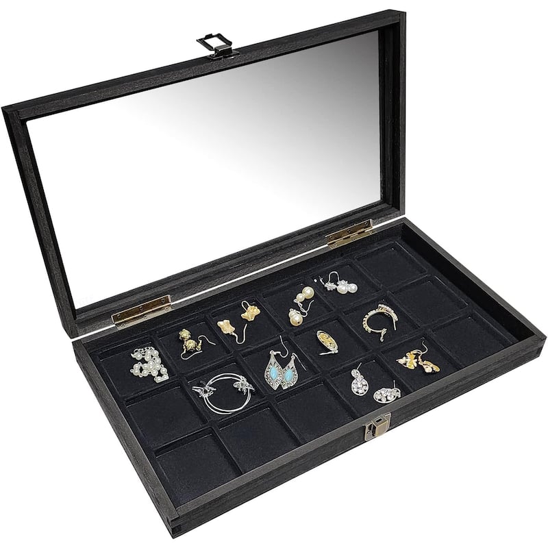 Natural Wood Glass Top Jewelry Display Case Accessories Storage Box with Metal Clasp & Removable 18 Compartments - S
