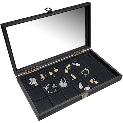 Natural Wood Glass Top Jewelry Display Case Accessories Storage Box with Metal Clasp & Removable 18 Compartments - S