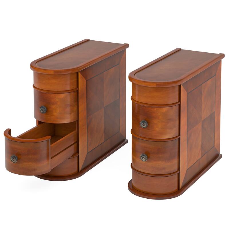 Brown Oak Wooden Side Table with 2 Storage Sliding Drawers for Living Room or Bedroom - 10.83”L x 23.62”W x 23.62”H