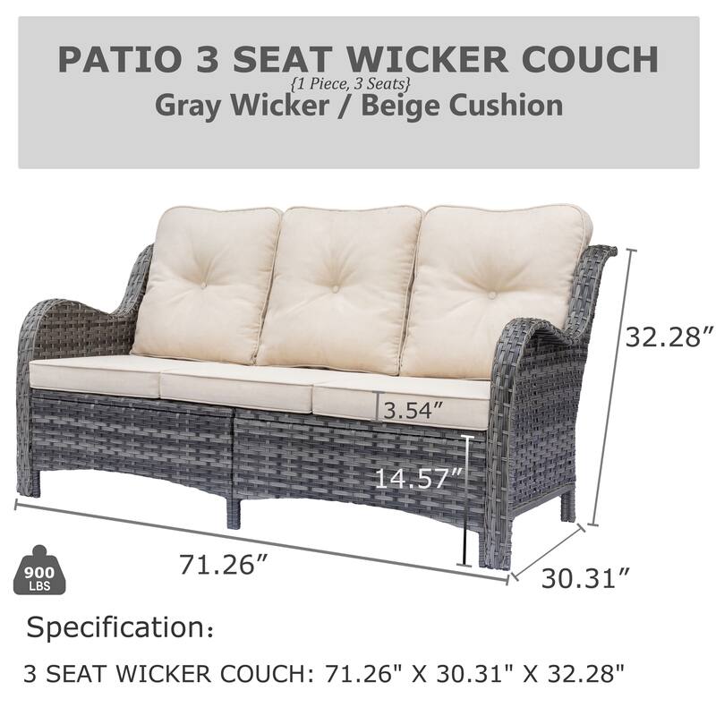 High Back 3-Seat Patio Wicker Couch Curved Outdoor Sofa with Cushions