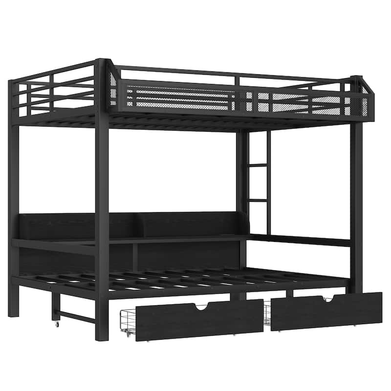 Queen over Queen Bunk Bed Frame with USB Ports, LED Lights, Net Storage Shelves and Drawers, Lower Bed Converted into Sofa