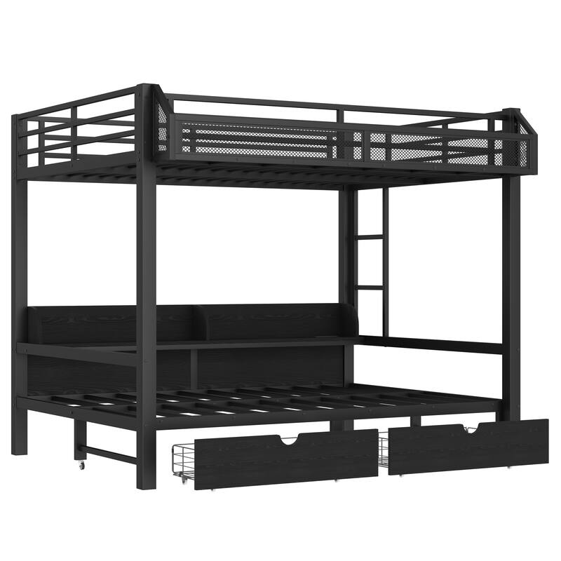 Queen over Queen Bunk Bed with Storage Shelves and Drawers,Multifunctional Metal Bunk Beds with USB Ports and LED,Black