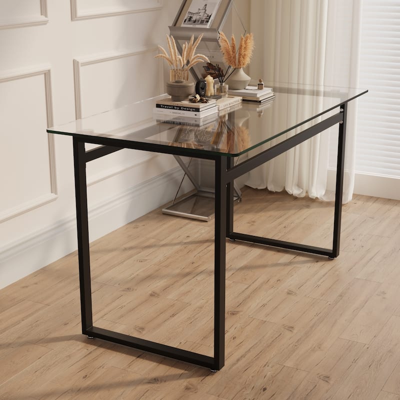Modern Minimalist Rectangular Glass Dining Table for 4-6 with 0.31" Tempered Glass Tabletop and Black Chrome Metal Legs