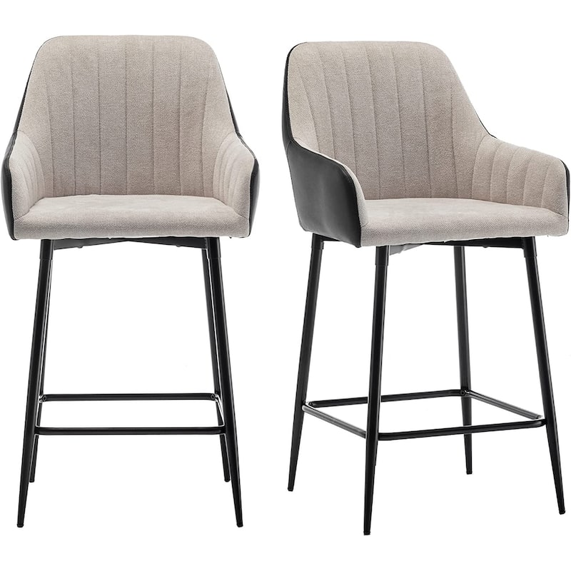 Tall Counter Height Bar Stools, 25", Mid-Back Upholstered Fabric Accent , PU Black Back, Beige Fabric, Set Of 2 - Set of 2 - Counter Height