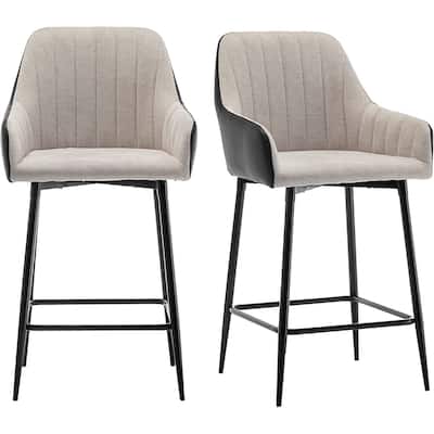 Tall Counter Height Bar Stools, 25", Mid-Back Upholstered Fabric Accent , PU Black Back, Beige Fabric, Set Of 2