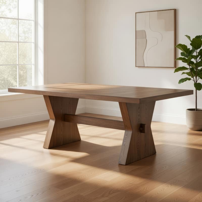 Zivy Dining Table, 78 Inch Modern Farmhouse Hourglass Oak Brown Wood